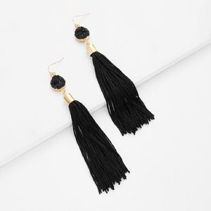 Black Druzy Tassell Drop Earrings